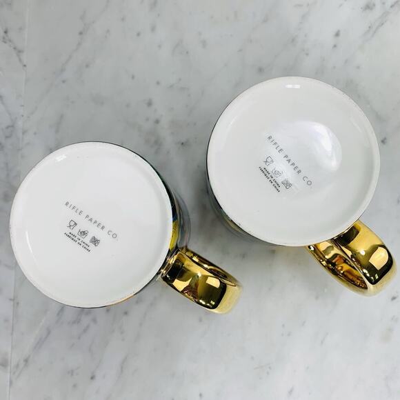 ANTHROPOLOGIE x RIFLE PAPER CO Set 2 Mugs Citrus Grove Black Gold Gild 16 oz EUC - Picture 6 of 8